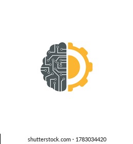 Diseño del logotipo de los códigos de cerebro y de engranaje. Símbolo o icono de educación y mecánica. Plantilla de diseño de logotipos únicos para la ciencia y el logotipo industrial