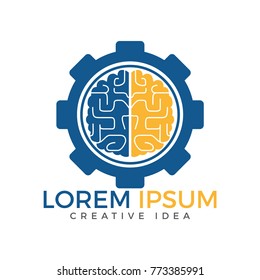 Brain and gear cog logo design. Education and mechanic symbol or icon. Unique science and industrial logotype design template.