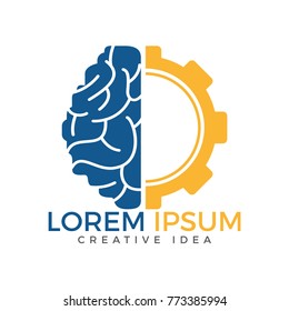 Brain and gear cog logo design. Education and mechanic symbol or icon. Unique science and industrial logotype design template.