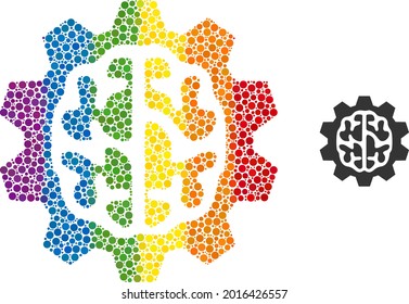 Brain gear collage icon of circle elements in variable sizes and spectrum colored color tones. A dotted LGBT-colored brain gear for lesbians, gays, bisexuals, and transgenders.