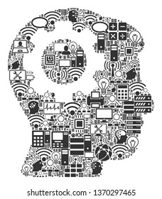 Brain Gear composition icon done for bigdata and computing illustrations. Vector brain gear mosaics are combined from computer, calculator, connections, wi-fi, network,