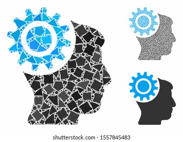 Brain gear composition of irregular parts in various sizes and color tints, based on brain gear icon. Vector irregular dots are organized into collage. Brain gear icons collage with dotted pattern.