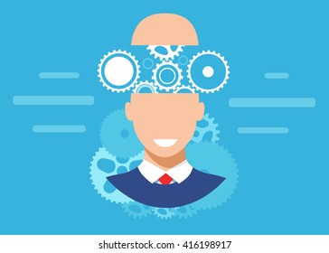 Brain gear flat vector banner, Brainstorm vector, Brainstorming creative idea abstract icon