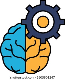 A brain with a gear in front of it. The brain is blue and orange. The gear is black and white