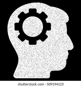 Brain Gear grainy textured icon for overlay watermark stamps. Flat symbol with dust texture. Dotted vector white ink rubber seal stamp with grunge design on a black background.