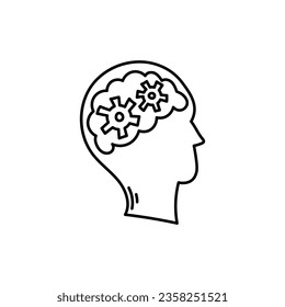 Brain Gear Head doodle. Simple hand drawn black line art on white background. Thinking symbol. Vector illustration.