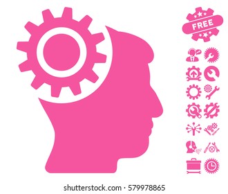 Brain Gear icon with bonus configuration clip art. Vector illustration style is flat iconic pink symbols on white background.