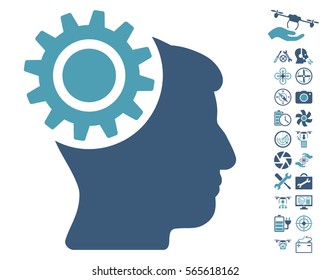 Brain Gear icon with bonus copter service symbols. Vector illustration style is flat iconic cyan and blue symbols on white background.