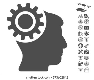 Brain Gear icon with bonus copter tools graphic icons. Vector illustration style is flat iconic symbols on white background.