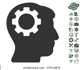Brain Gear icon with bonus copter tools symbols. Vector illustration style is flat iconic green and gray symbols on white background.