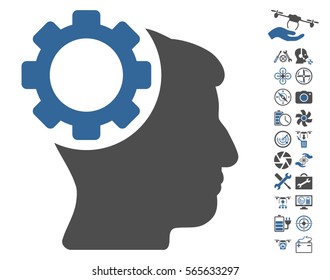 Brain Gear icon with bonus nanocopter service images. Vector illustration style is flat iconic cobalt and gray symbols on white background.