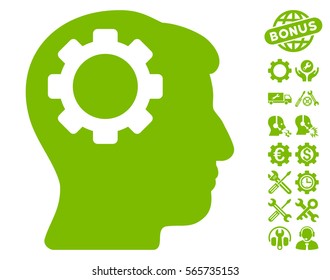Brain Gear icon with bonus options design elements. Vector illustration style is flat iconic eco green symbols on white background.