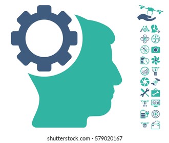 Brain Gear icon with bonus quadrocopter tools pictograms. Vector illustration style is flat iconic cobalt and cyan symbols on white background.