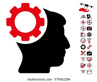 Brain Gear icon with bonus quadrocopter tools symbols. Vector illustration style is flat iconic intensive red and black symbols on white background.