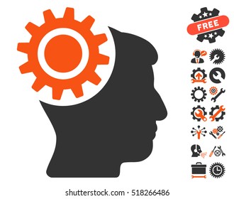 Brain Gear icon with bonus settings design elements. Vector illustration style is flat iconic orange and gray symbols on white background.