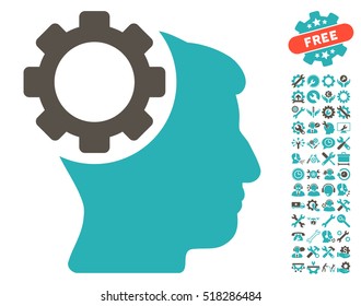 Brain Gear icon with bonus settings symbols. Vector illustration style is flat iconic grey and cyan symbols on white background.