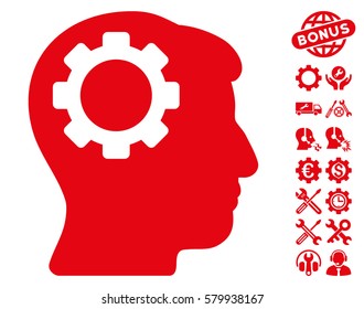 Brain Gear icon with bonus settings graphic icons. Vector illustration style is flat iconic red symbols on white background.