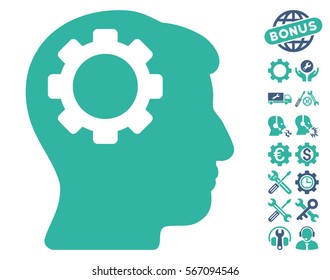 Brain Gear icon with bonus setup tools icon set. Vector illustration style is flat iconic cobalt and cyan symbols on white background.