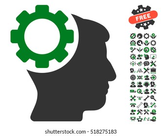 Brain Gear icon with bonus tools pictures. Vector illustration style is flat iconic green and gray symbols on white background.