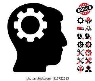 Brain Gear icon with bonus tools symbols. Vector illustration style is flat iconic intensive red and black symbols on white background.
