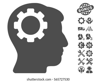 Brain Gear icon with bonus tools pictograms. Vector illustration style is flat iconic gray symbols on white background.