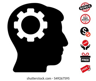 Brain Gear icon with free bonus pictures. Vector illustration style is flat iconic symbols, intensive red and black colors, white background.