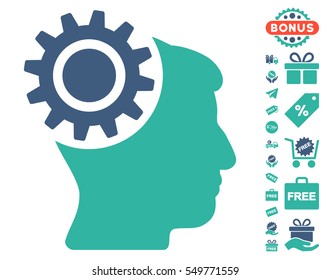Brain Gear icon with free bonus symbols. Vector illustration style is flat iconic symbols, cobalt and cyan colors, white background.