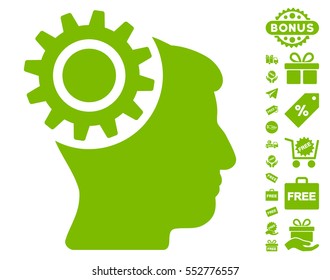 Brain Gear icon with free bonus clip art. Vector illustration style is flat iconic symbols, eco green color, white background.