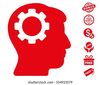 Brain Gear icon with free bonus symbols. Vector illustration style is flat iconic symbols, red color, white background.