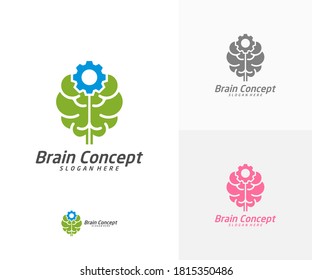 Brain with Gear Logo design vector template. Think idea concept. Brainstorm power thinking brain icon Logo.