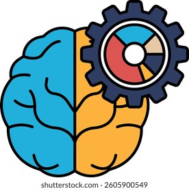 A brain with a gear in the middle. The brain is blue and yellow. Concept of the brain being a complex machine with many parts, including the gear
