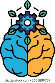 A brain with a gear in the middle. The brain is split into two halves, one blue and one orange
