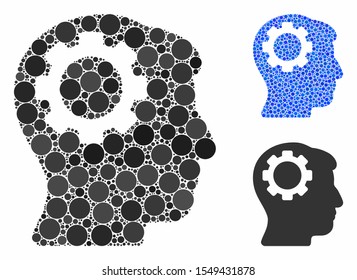 Brain gear mosaic of circle elements in various sizes and color tinges, based on brain gear icon. Vector circle elements are organized into blue mosaic.