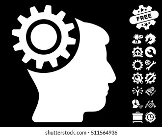 Brain Gear pictograph with bonus tools pictures. Vector illustration style is flat iconic white symbols on black background.