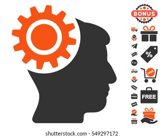 Brain Gear pictograph with free bonus pictures. Vector illustration style is flat iconic symbols, orange and gray colors, white background.