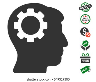 Brain Gear pictograph with free bonus pictograph collection. Vector illustration style is flat iconic symbols, green and gray colors, white background.