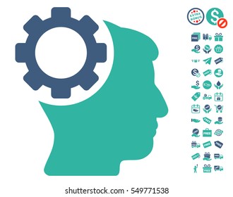 Brain Gear pictograph with free bonus graphic icons. Vector illustration style is flat iconic symbols, cobalt and cyan colors, white background.