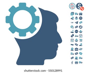 Brain Gear pictograph with free bonus pictures. Vector illustration style is flat iconic symbols, cyan and blue colors, white background.