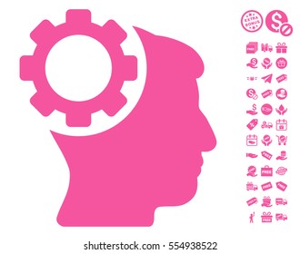 Brain Gear pictograph with free bonus design elements. Vector illustration style is flat iconic symbols, pink color, white background.