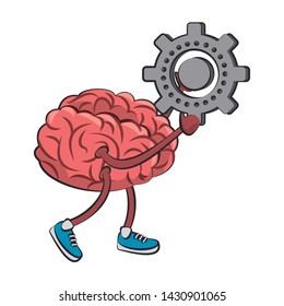 Brain with gear and shoes cartoon vector illustration graphic design