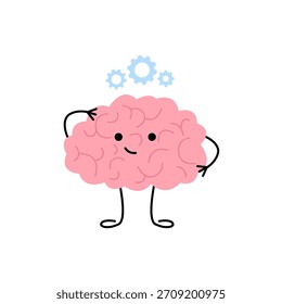 Cerebro con equipo. Pensamiento cerebral, lluvia de ideas y multitarea, lindo personaje infantil. Busca la respuesta. Ilustración vectorial