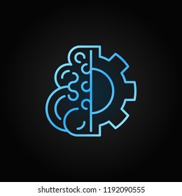Brain with gear vector blue concept icon or logo element in thin line style on dark background