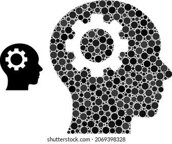 Collage del vector del engranaje cerebral de puntos redondos en diferentes tamaños y tonos de color. Los puntos redondos se combinan en un collage de vectores de engranajes cerebrales. Concepto de diseño de vector abstracto.