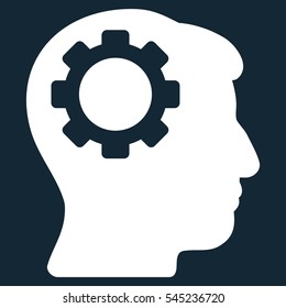 Brain Gear vector icon. Style is flat graphic symbol, white color, dark blue background.