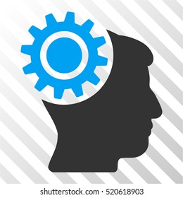 Brain Gear vector pictogram. Illustration style is flat iconic bicolor blue and gray symbol on a hatch transparent background.