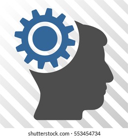 Brain Gear vector pictogram. Illustration style is flat iconic bicolor cobalt and gray symbol on a hatched transparent background.