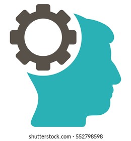 Brain Gear vector pictogram. Style is flat graphic bicolor symbol, grey and cyan colors, white background.