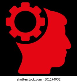 Brain Gear vector pictograph. Style is flat graphic symbol, red color, black background.