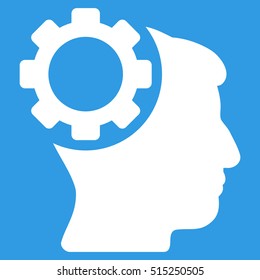 Brain Gear vector pictograph. Style is flat graphic symbol, white color, blue background.