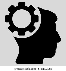 Brain Gear vector pictograph. Style is flat graphic symbol, black color, light gray background.